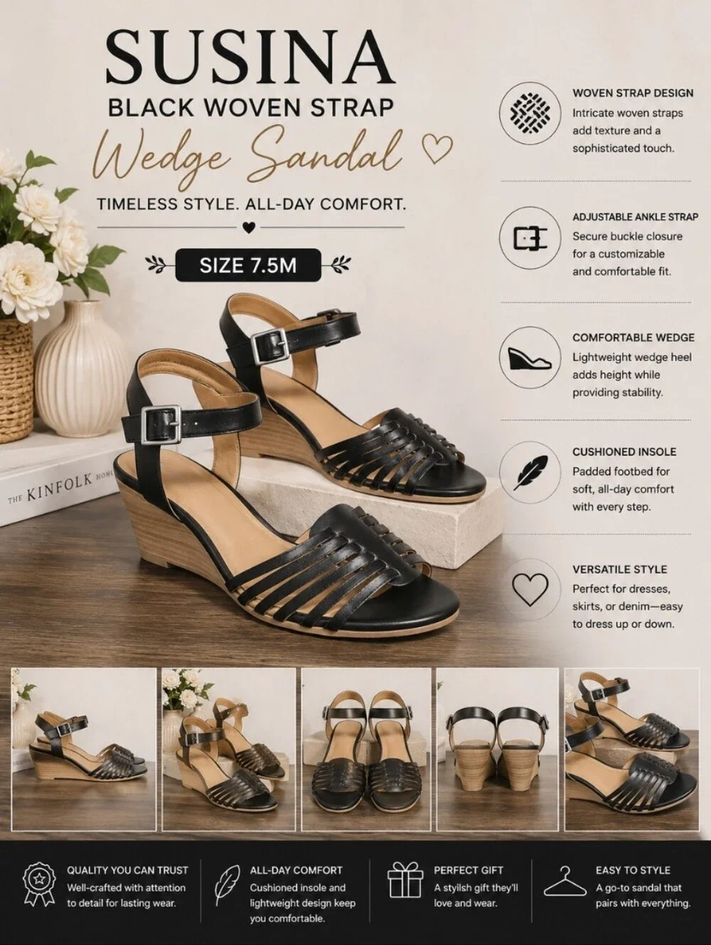 SUSINA Black Woven Strap Sandal Wedge 7.5M